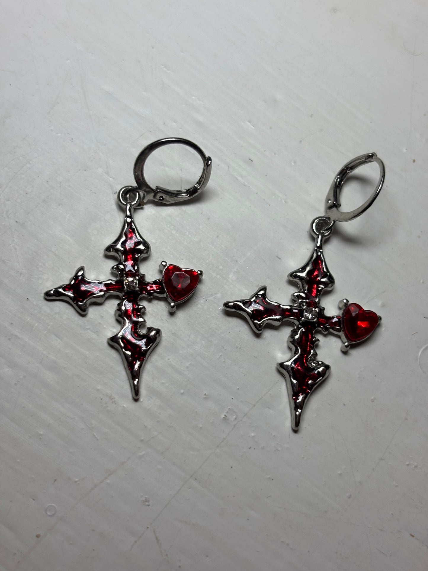 Red Embellished Cross Earrings