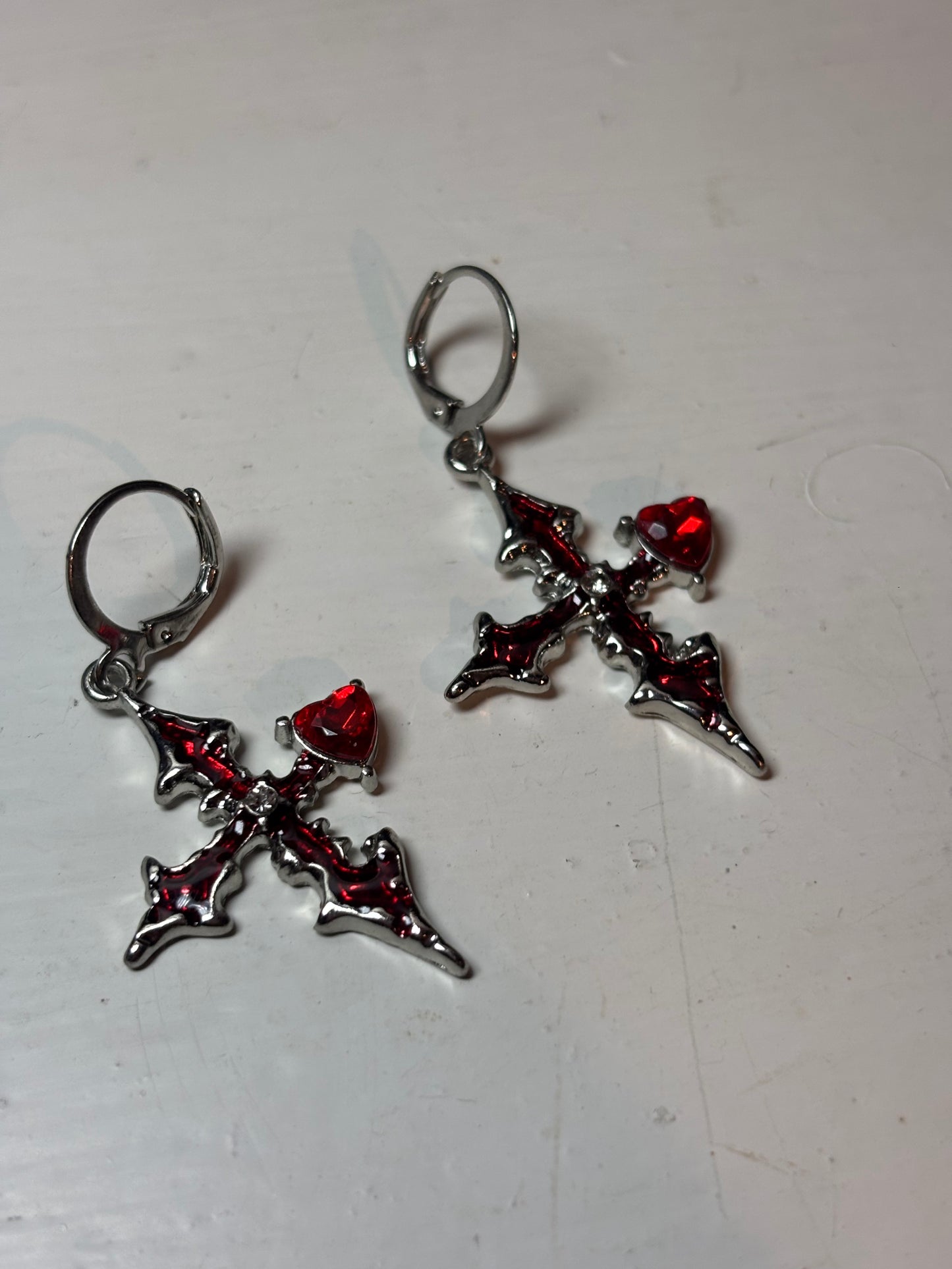 Red Embellished Cross Earrings