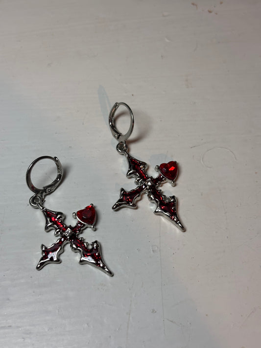 Red Embellished Cross Earrings